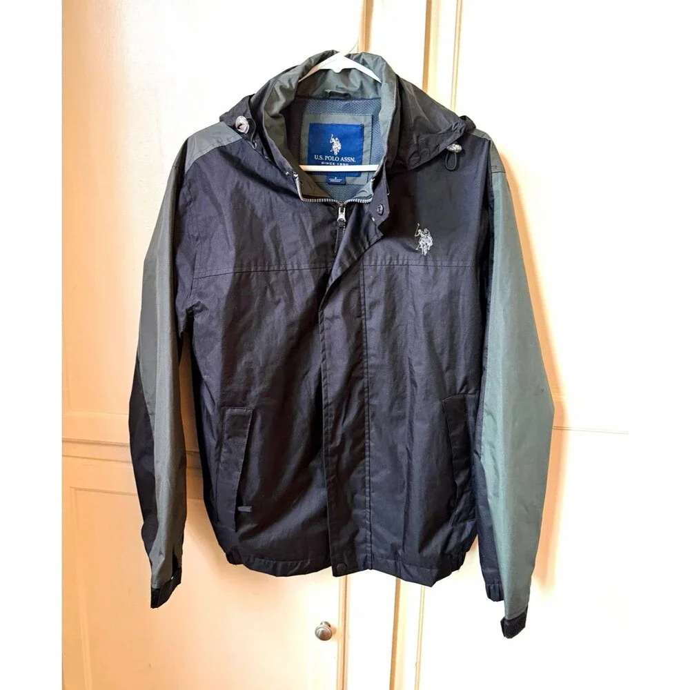 U.S. Polo Assn Mens Hooded Windbreaker Jacket Black Gray Mesh Lined